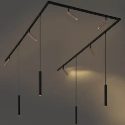 QAZQA Deckenstrahler|Aufbaustrahler*Modernes Schienensystem mit 6 Strahlern und 4 Pendelleuchten Dunkelbronze 1-phasig - Slimline Uzzy Keno
