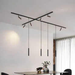 QAZQA Deckenstrahler|Aufbaustrahler*Modernes Schienensystem mit 6 Strahlern und 4 Pendelleuchten Dunkelbronze 1-phasig - Slimline Uzzy Keno