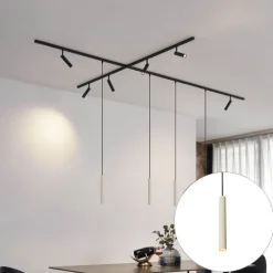 QAZQA Deckenstrahler|Aufbaustrahler*Modernes Schienensystem mit 6 Strahlern und 4 Pendelleuchten Beige mit Schwarz 1-phasig - Slimline Uzzy Keno