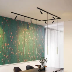 QAZQA Deckenstrahler|Aufbaustrahler*Modernes Schienensystem mit 6 Strahlern und 4 Pendelleuchten Beige mit Schwarz 1-phasig - Slimline Uzzy Keno