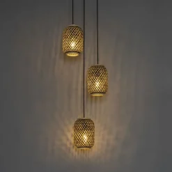 QAZQA Pendelleuchten|Wohnzimmerlampen*Orientalische Hängelampe aus Bambus mit schwarzem 3-Licht - Yvonne