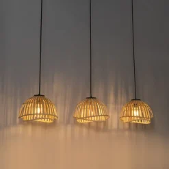 QAZQA Pendelleuchten|Wohnzimmerlampen*Orientalische Hängelampe schwarz mit natürlichem Bambus, 3-flammig – Pua