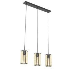 QAZQA Pendelleuchten|Wohnzimmerlampen*Orientalische Hängelampe schwarz mit Rattan 3-flammig länglich - Akira