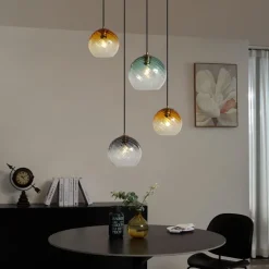 QAZQA Pendelleuchten|Wohnzimmerlampen*Pendelleuchte Bronze mit Rauchbernstein und grünem Glas rund 4-flammig - Bao