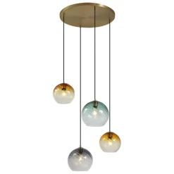 QAZQA Pendelleuchten|Wohnzimmerlampen*Pendelleuchte Bronze mit Rauchbernstein und grünem Glas rund 4-flammig - Bao