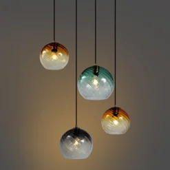 QAZQA Pendelleuchten|Wohnzimmerlampen*Pendelleuchte Bronze mit Rauchbernstein und grünem Glas rund 4-flammig - Bao