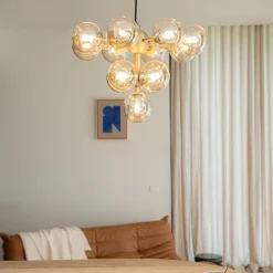 QAZQA Schlafzimmerlampen|Esszimmerlampen*Pendelleuchte Bronze mit Bernsteinglas 13 Lichter - Bianca