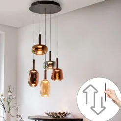 Paul Neuhaus Schlafzimmerlampen|Küchenlampen*Pendelleuchte schwarz mit mehrfarbigem Glas rund inkl. LED 6-flammig Easylift - Irides