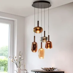 Paul Neuhaus Schlafzimmerlampen|Küchenlampen*Pendelleuchte schwarz mit mehrfarbigem Glas rund inkl. LED 6-flammig Easylift - Irides