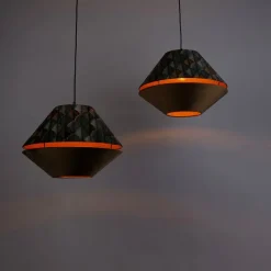 QAZQA Pendelleuchten|Wohnzimmerlampen*Pendelleuchte schwarz mit doppeltem Samt Lampenschirm Blattdesign und Beige 2-Lichter - Cava Luxe