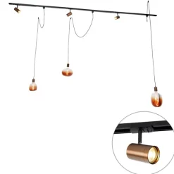 QAZQA Deckenstrahler|Aufbaustrahler*1-Phasen-Schienensystem mit 3 Strahlern und Hängelampen dunkelbronze - Cavalux Jeana