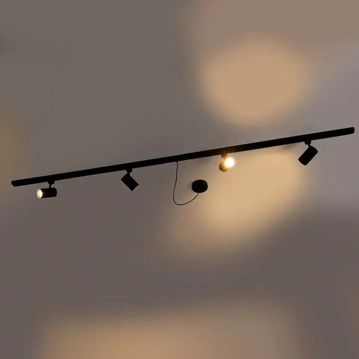 QAZQA Deckenstrahler|Aufbaustrahler*1-Phasen-Schienensystem schwarz mit 4 Strahlern und 1 Netzteil rund - Jeana