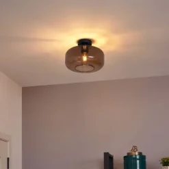 QAZQA Schlafzimmerlampen|Küchenlampen*Retro Deckenleuchte Schwarz mit Bronzeglas - Bizle