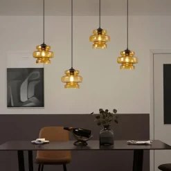 QAZQA Pendelleuchten|Wohnzimmerlampen*Retro Hängelampe Schwarz mit orangefarbenem Glas 4-Lichter - Denise
