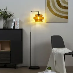 QAZQA Schlafzimmerlampen|Küchenlampen*Retro Stehleuchte Schwarz mit orangefarbenem Glas - Denise