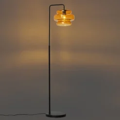 QAZQA Schlafzimmerlampen|Küchenlampen*Retro Stehleuchte Schwarz mit orangefarbenem Glas - Denise