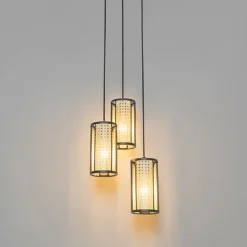 QAZQA Pendelleuchten|Wohnzimmerlampen*Retro-Hängelampe schwarz mit Rattan 3-flammig rund - Akira