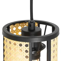 QAZQA Pendelleuchten|Wohnzimmerlampen*Retro-Hängelampe schwarz mit Rattan 3-flammig rund - Akira