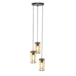 QAZQA Pendelleuchten|Wohnzimmerlampen*Retro-Hängelampe schwarz mit Rattan 3-flammig rund - Akira