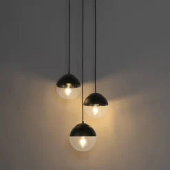 QAZQA Pendelleuchten|Wohnzimmerlampen*Retro-Hängelampe schwarz mit klarem Glas, rund, 3-flammig – Eclipse