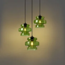 QAZQA Pendelleuchten|Wohnzimmerlampen*Retro-Hängelampe schwarz mit grünem Glas 3-flammig - Denise