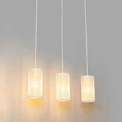 QAZQA Pendelleuchten|Wohnzimmerlampen*Retro-Hängelampe weiß mit Rattan 3-flammig länglich - Akira