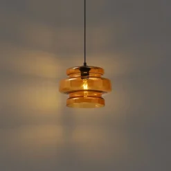 QAZQA Schlafzimmerlampen|Küchenlampen*Retro-Hängeleuchte schwarz mit orangefarbenem Glas - Denise