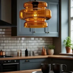 QAZQA Schlafzimmerlampen|Küchenlampen*Retro-Hängeleuchte schwarz mit orangefarbenem Glas - Denise