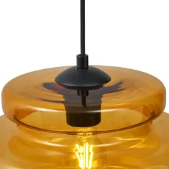 QAZQA Schlafzimmerlampen|Küchenlampen*Retro-Hängeleuchte schwarz mit orangefarbenem Glas - Denise