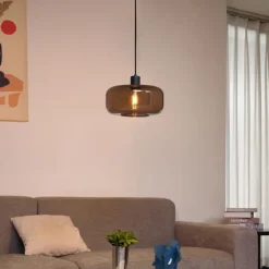 QAZQA Schlafzimmerlampen|Küchenlampen*Retro-Pendelleuchte schwarz mit Bronzeglas - Bizle