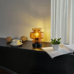 QAZQA Schlafzimmerlampen|Küchenlampen*Retro-Tischleuchte schwarz mit orangefarbenem Glas - Denise