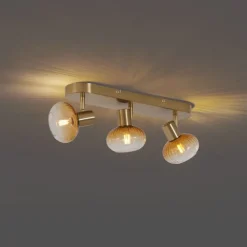 QAZQA Deckenstrahler|Aufbaustrahler*Runde Deckenleuchte Gold mit Bernsteinglas 3-flammig - Teddy