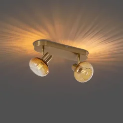 QAZQA Deckenstrahler|Aufbaustrahler*Runde Deckenleuchte Gold mit Bernsteinglas 2-flammig - Teddy