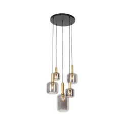 QAZQA Smarte Pendelleuchten|Pendelleuchten*Schicke Hängelampe Schwarz mit Gold mit Rauchglas inkl. 5 WiFi A60 - Zuzanna