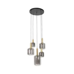 QAZQA Smarte Pendelleuchten|Pendelleuchten*Schicke Hängelampe Schwarz mit Gold mit Rauchglas inkl. 5 WiFi A60 - Zuzanna