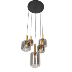 QAZQA Smarte Pendelleuchten|Pendelleuchten*Schicke Hängelampe Schwarz mit Gold mit Rauchglas inkl. 5 WiFi A60 - Zuzanna