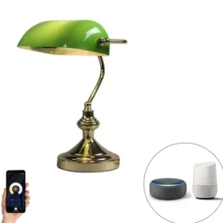 QAZQA Tischlampen|Wohnzimmerlampen*Schicke Tischleuchte aus Messing mit grünem Glas inkl. WLAN P45 - Banker
