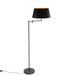 QAZQA Stehlampen|Wohnzimmerlampen*Schwarze Stehlampe mit schwarzem Faltenschirm und verstellbarem Arm – Ladas Deluxe