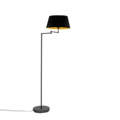 QAZQA Stehlampen|Wohnzimmerlampen*Schwarze Stehlampe mit schwarzem Faltenschirm und verstellbarem Arm – Ladas Deluxe