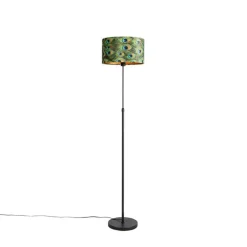 QAZQA Stehlampen|Wohnzimmerlampen*Schwarze Stehlampe mit Veloursschirm Pfau mit Gold 35 cm - Parte