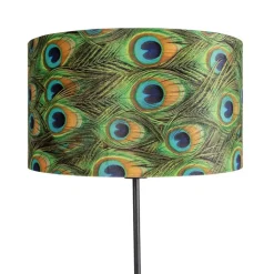 QAZQA Stehlampen|Wohnzimmerlampen*Schwarze Stehlampe mit Veloursschirm Pfau mit Gold 35 cm - Parte