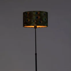 QAZQA Stehlampen|Wohnzimmerlampen*Schwarze Stehlampe mit Veloursschirm Pfau mit Gold 35 cm - Parte