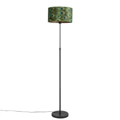QAZQA Stehlampen|Wohnzimmerlampen*Schwarze Stehlampe mit Veloursschirm Pfau mit Gold 35 cm - Parte