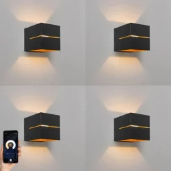 QAZQA Smarte Wandleuchten|Wandleuchten*Set mit 4 intelligenten Wandleuchten schwarz mit Gold 9,7 cm inkl. Wifi G9 - Transfer Groove