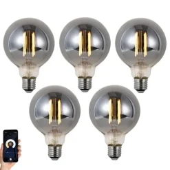 LUUMR Smarte Glühbirnen|Filament Lampen*Set mit 5 Smart Dimmbare LED-Glühbirnen E27 G95 Rauchglas 4,9 W 150 lm 1800 K