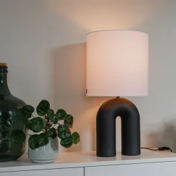 QAZQA Tischlampen|Wohnzimmerlampen*Skandinavische Tischleuchte Schwarz mit weißem Leinen-Schirm - Lotti