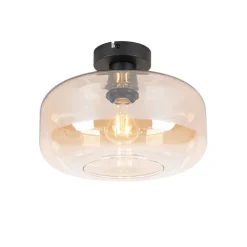 QAZQA Deckenleuchten|Wohnzimmerlampen*Smart Ceiling Lamp Black with Amber Glass incl. Wifi A60 - Bizle