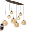 QAZQA Pendelleuchten|Wohnzimmerlampen*Smart Pendant Lamp Dark Bronze with Amber Glass Oval 8-Lights Incl. 8 Wifi G95 - Sandra