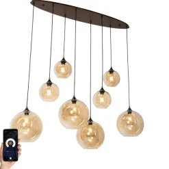 QAZQA Pendelleuchten|Wohnzimmerlampen*Smart Pendant Lamp Dark Bronze with Amber Glass Oval 8-Lights Incl. 8 Wifi G95 - Sandra