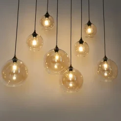 QAZQA Pendelleuchten|Wohnzimmerlampen*Smart Pendant Lamp Dark Bronze with Amber Glass Oval 8-Lights Incl. 8 Wifi G95 - Sandra